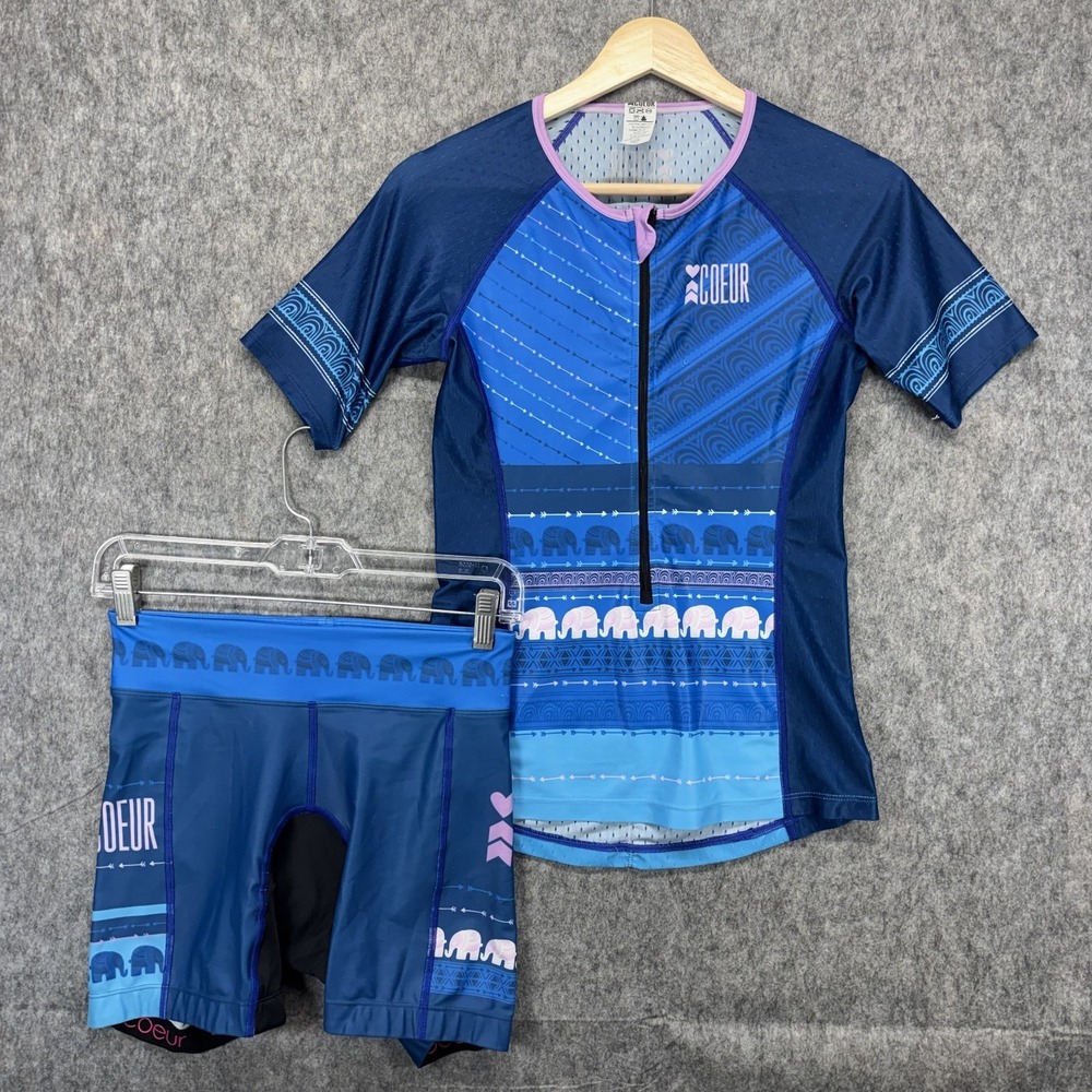 COEUR Tri Suit Top Small and Tri Shorts XS Small Blue Short Sleeve Elephants